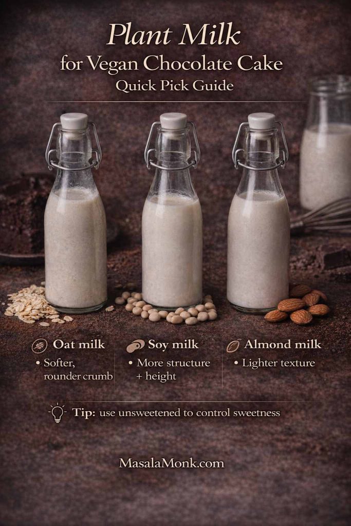 Plant milk guide for vegan chocolate cake comparing oat milk, soy milk, and almond milk, with notes on crumb texture, structure, and a tip to use unsweetened milk.
