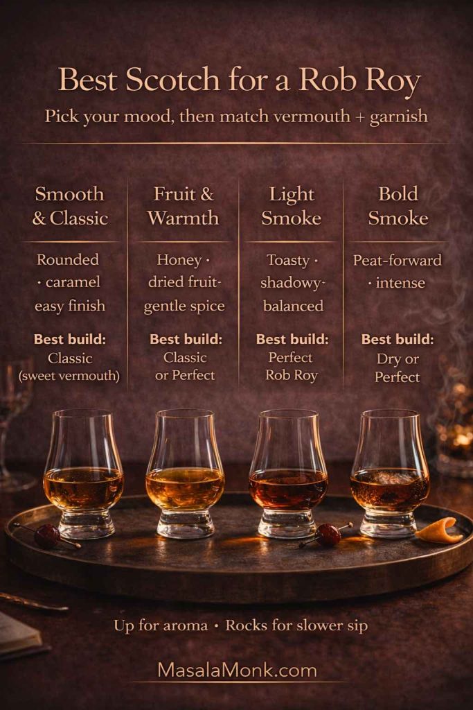 Best Scotch for a Rob Roy guide showing four Scotch profiles—Smooth & Classic, Fruit & Warmth, Light Smoke, and Bold Smoke—with recommended Rob Roy builds (classic, perfect, dry), garnish cues, and four tasting glasses, branded MasalaMonk.com.