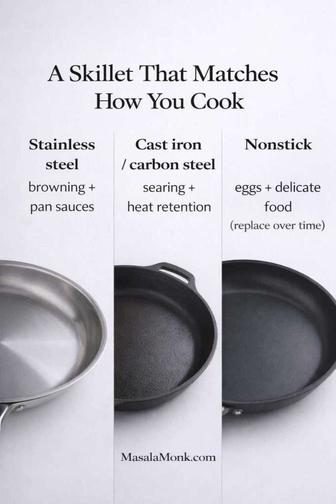 Infographic titled “A Skillet That Matches How You Cook” comparing stainless steel, cast iron/carbon steel, and nonstick skillets, with notes on best uses (browning and pan sauces; searing and heat retention; eggs and delicate food) and MasalaMonk.com in the footer.