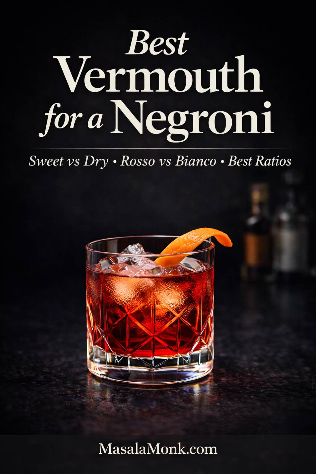 Best vermouth for a Negroni cover image showing a crystal rocks glass Negroni with orange twist and ice, with text “Sweet vs Dry • Rosso vs Bianco • Best Ratios”.