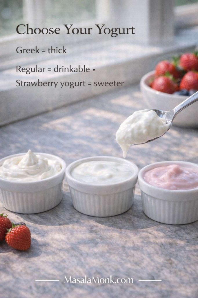 Choose your yogurt guide card for strawberry smoothies showing Greek yogurt, regular yogurt, and strawberry yogurt in small bowls, with tip that Greek yogurt is thick, regular yogurt is more drinkable, and strawberry yogurt is sweeter.