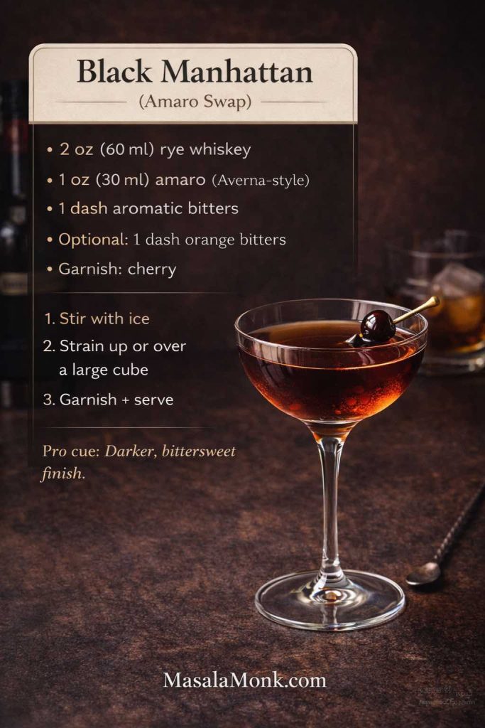 Black Manhattan cocktail recipe card with oz and ml measurements, rye whiskey and amaro instead of sweet vermouth, bitters, and a cherry garnish, MasalaMonk.com