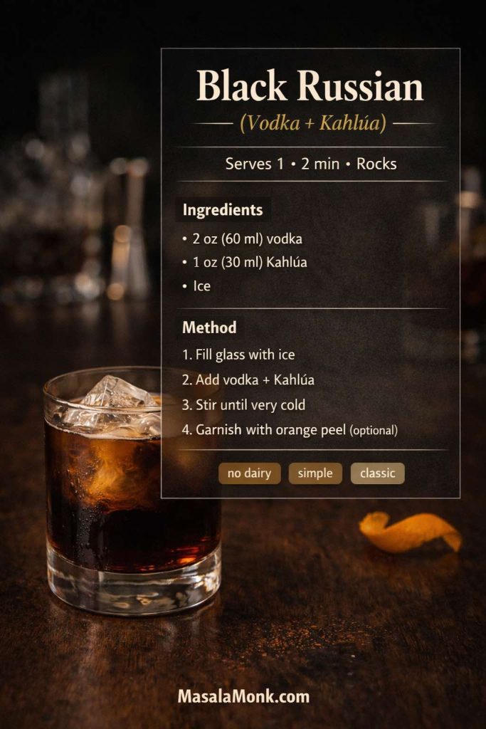 Black Russian recipe card showing a vodka and Kahlúa cocktail over ice with an optional orange peel garnish, plus ingredients and quick steps.