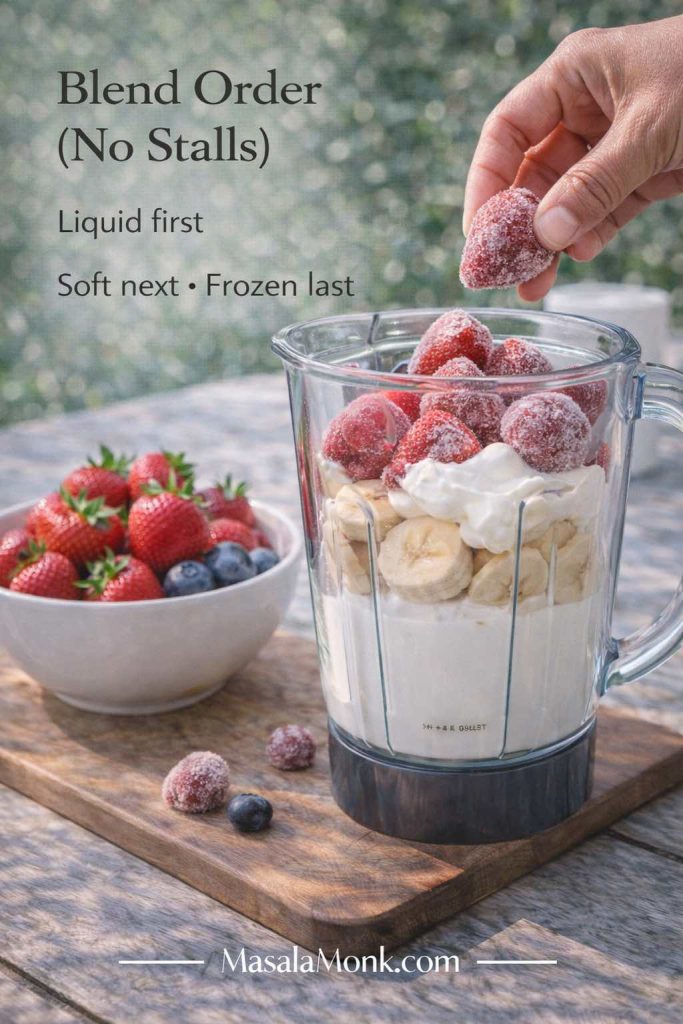 Smoothie blend order guide card showing a blender jar layered with milk, banana, yogurt, and frozen strawberries, with tip to add liquid first, soft ingredients next, and frozen fruit last.