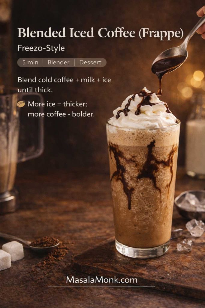 Recipe card for blended iced coffee (frappe) showing a thick frozen coffee drink in a tall glass with whipped cream and chocolate drizzle, with a blender in the background.