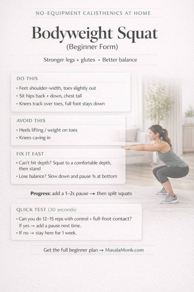 Portrait infographic: “Bodyweight Squat (Beginner Form)” for no-equipment calisthenics at home. Shows squat setup cues (feet shoulder-width, toes slightly out; sit hips back and down, chest tall; knees track over toes with full-foot contact), mistakes to avoid (heels lifting/weight on toes, knees caving in), quick fixes (use a comfortable depth; slow down and pause 1s at bottom), a progression note (add a 1–2s pause then split squats), a 30-second quick test for 12–15 controlled reps, and MasalaMonk.com branding.
