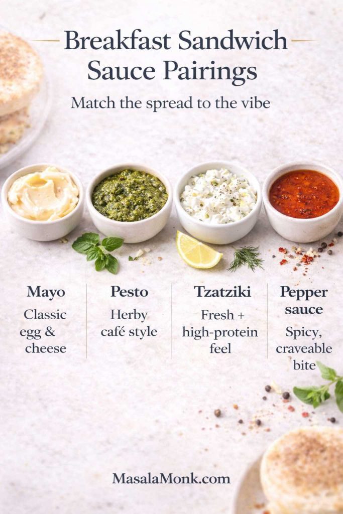 Breakfast sandwich sauce pairings infographic with bowls of mayo, pesto, tzatziki, and pepper sauce and quick notes on which breakfast sandwiches each spread suits.