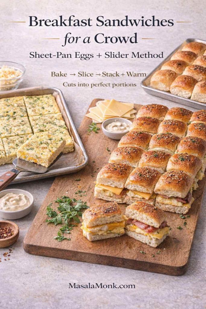 Breakfast sandwiches for a crowd infographic showing sheet-pan eggs cut into squares and slider rolls assembled with egg and cheese using a bake-slice-stack method.