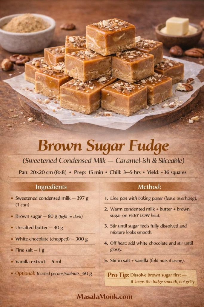 Recipe card image for brown sugar fudge made with sweetened condensed milk. Shows caramel-colored fudge squares stacked on parchment with chopped nuts on top, plus bowls of brown sugar and butter in the background. Text overlay includes pan size (20×20 cm), prep time (15 min), chill time (3–5 hrs), yield (~36 squares), ingredients in grams (condensed milk, brown sugar, butter, white chocolate, salt, vanilla, optional pecans/walnuts), a 5-step very-low-heat method, a pro tip to dissolve brown sugar first for smooth (not gritty) fudge, and MasalaMonk.com branding in the footer.