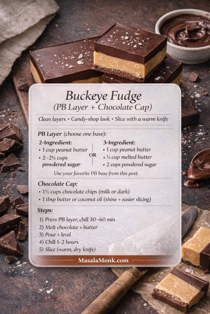 Photorealistic recipe card for buckeye fudge (chocolate peanut butter fudge with layers). Shows a peanut butter fudge base with a glossy chocolate cap and lists ingredients for the PB layer (2-ingredient or 3-ingredient base) plus chocolate topping (chocolate chips and butter/coconut oil). Includes steps to chill the PB layer, pour melted chocolate, chill again, and slice with a warm knife. MasalaMonk.com branding.