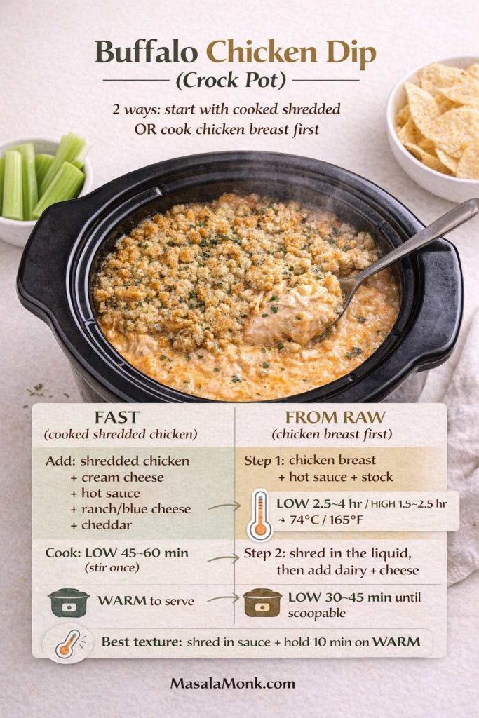 Buffalo chicken dip (crock pot) infographic showing 2 methods: FAST using cooked shredded chicken with cream cheese, hot sauce, ranch/blue cheese dressing, and cheddar; and FROM RAW cooking chicken breast first with hot sauce + stock to 74°C/165°F, shredding in liquid, then adding dairy and cheese until scoopable. Includes LOW/HIGH timing and a ‘hold on WARM for best texture’ tip.