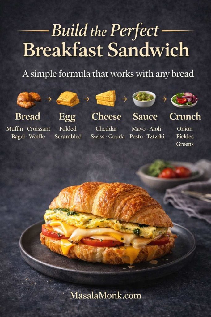 Infographic showing the breakfast sandwich formula—bread, egg, cheese, sauce, and crunch—with a croissant egg and cheese sandwich on a plate.