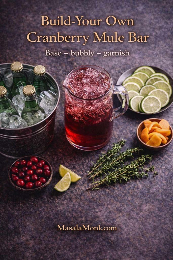 Build-your-own cranberry mule bar setup with a pitcher of cranberry mule base, ginger beer on ice, sliced limes, orange peel, cranberries, and herbs, with on-image text.