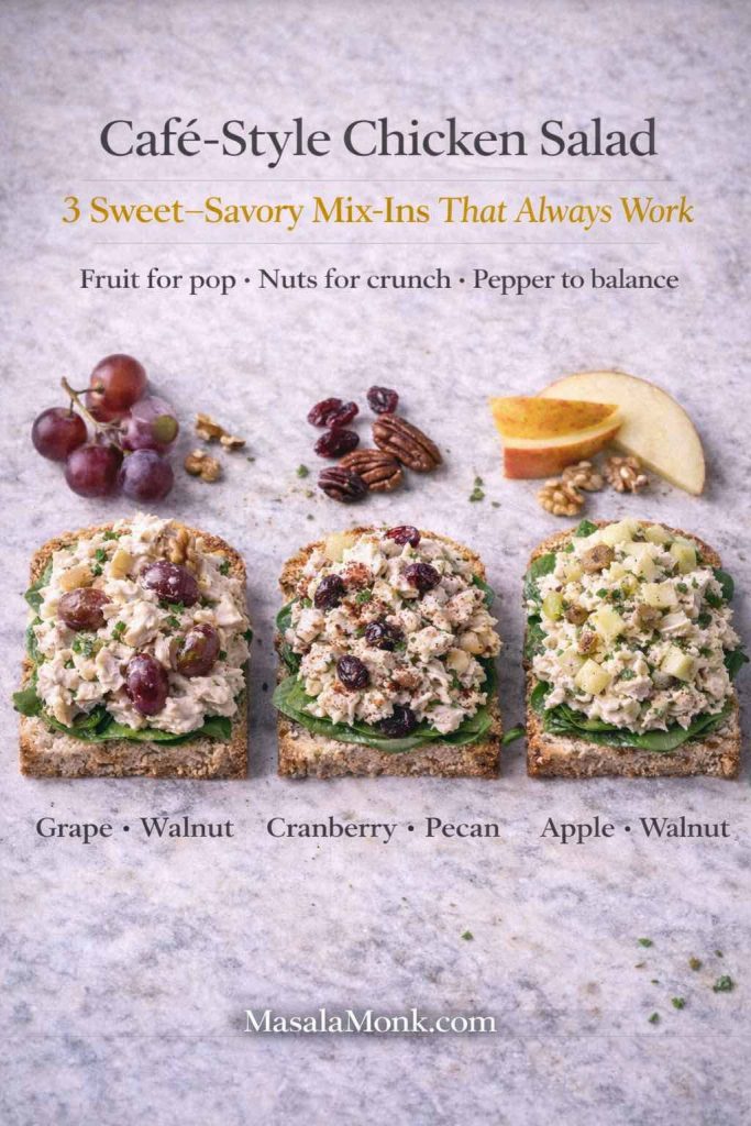 Café-style chicken salad sandwich ideas shown as three open-faced toasts—grape walnut, cranberry pecan, and apple walnut—with a sweet-savory mix-ins guide and MasalaMonk.com footer.