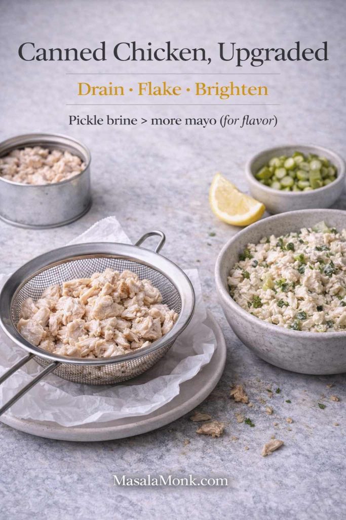 To make canned chicken salad taste fresh, drain it well, flake it with a fork, then brighten the spread with pickle brine and lemon—more flavor without making it heavy.