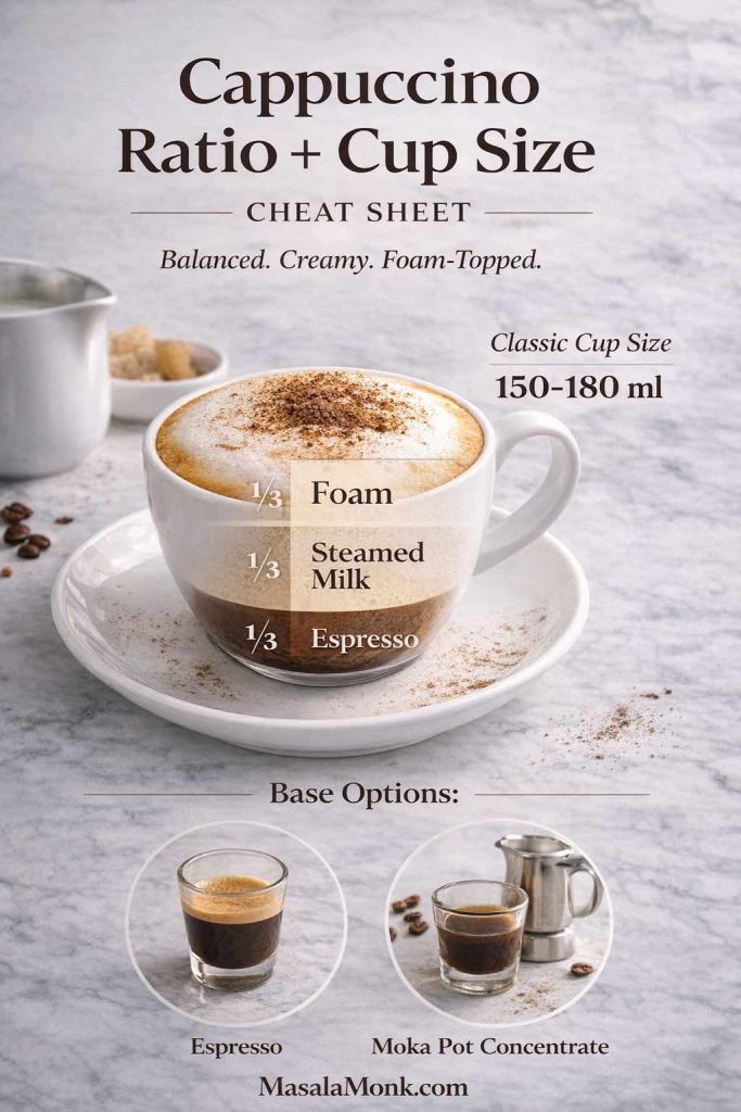 Cappuccino ratio and cup size cheat sheet showing a 150–180 ml cup with labeled layers—espresso, steamed milk, and foam—plus base options (espresso or moka pot concentrate).