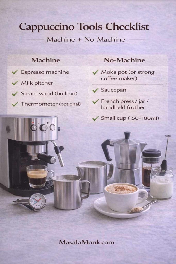 Cappuccino tools checklist showing what you need to make a cappuccino at home, with a machine list (espresso machine, milk pitcher, steam wand, thermometer) and a no-machine list (moka pot, saucepan, French press or jar frother, small cup).