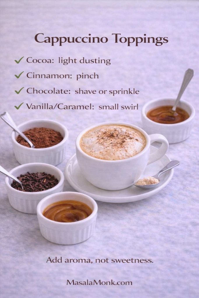 Cappuccino toppings guide showing a cocoa-dusted cappuccino with ramekins of cocoa powder, cinnamon, chocolate sprinkles, and vanilla/caramel swirl, plus recommended amounts for each topping.