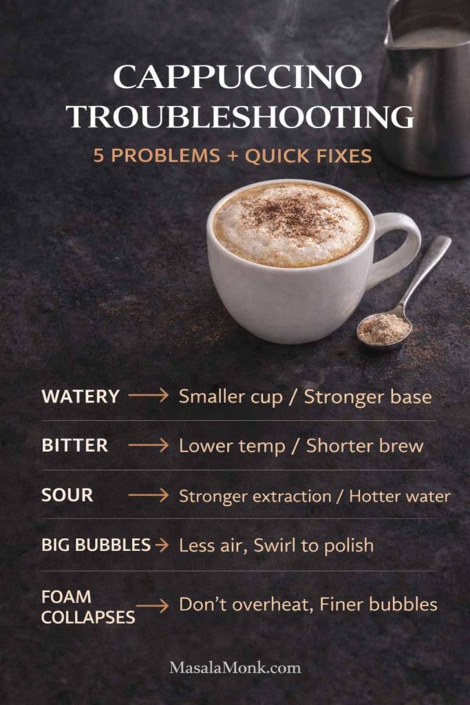 Cappuccino troubleshooting infographic listing five common issues—watery, bitter, sour, big bubbles, and foam collapses—with quick fixes, shown beside a cocoa-dusted cappuccino.