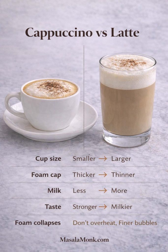 Cappuccino vs latte visual guide comparing cup size, foam cap thickness, milk amount, and taste, shown with a cappuccino in a small cup and a latte in a tall glass.