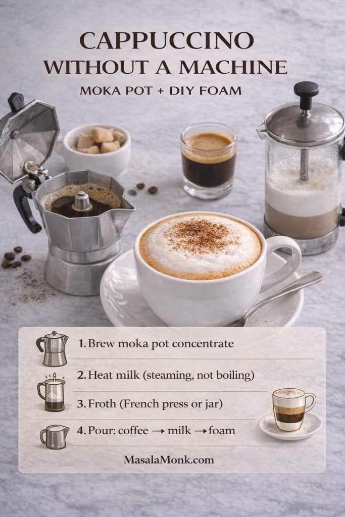 Cappuccino without a machine infographic showing a moka pot, milk frothing in a French press, and a finished cappuccino with steps: brew moka pot concentrate, heat milk, froth, and pour coffee–milk–foam.