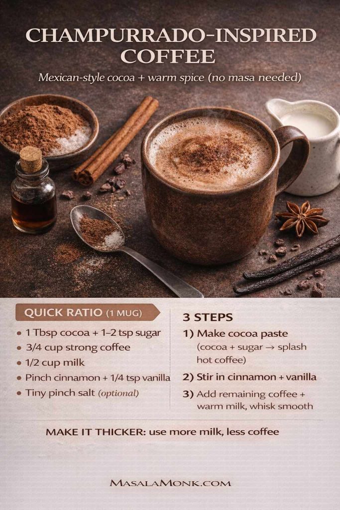 Champurrado-inspired coffee recipe card photo showing a frothy cocoa-coffee mug with cinnamon and vanilla, plus a quick ratio and three steps for making Mexican-style hot chocolate coffee without masa.