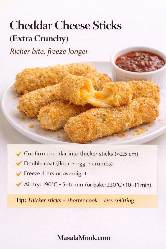 Recipe-card image titled “Cheddar Cheese Sticks (Extra Crunchy)” showing crispy breaded cheddar cheese sticks on a white plate with a melted cheddar center and a ramekin of marinara sauce. On-image instructions say to cut firm cheddar into thicker sticks (about 2.5 cm), double-coat (flour, egg, crumbs), freeze 4 hours or overnight, then air fry at 190°C for 5–6 minutes or bake at 220°C for 10–11 minutes. Tip says thicker sticks plus shorter cook means less splitting. MasalaMonk.com branding.