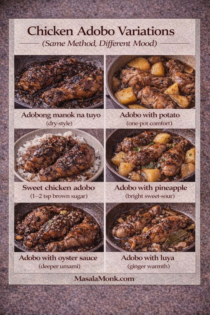Infographic titled “Chicken Adobo Variations (Same Method, Different Mood)” showing a 2x3 grid of six Filipino chicken adobo styles. The tiles are labeled: adobong manok na tuyo (dry-style), adobo with potato (one-pot comfort), sweet chicken adobo (1–2 tsp brown sugar), adobo with pineapple (bright sweet-sour), adobo with oyster sauce (deeper umami), and adobo with luya (ginger warmth). MasalaMonk.com appears in the footer.