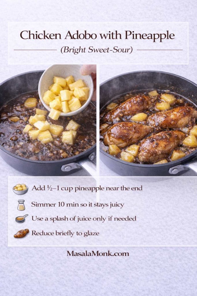 Two-panel infographic titled “Chicken Adobo with Pineapple (Bright Sweet-Sour).” Left panel shows pineapple chunks being added to simmering chicken adobo sauce in a pan. Right panel shows finished chicken adobo pieces coated in glossy sauce with pineapple chunks. Text tips say: add ½–1 cup pineapple near the end, simmer 10 minutes so it stays juicy, use a splash of juice only if needed, and reduce briefly to glaze. MasalaMonk.com appears in the footer.