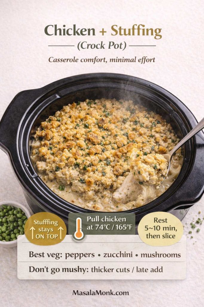 Chicken and stuffing in a crock pot with creamy chicken breast underneath a golden stuffing layer. Text overlay highlights: “Stuffing stays ON TOP,” “Pull chicken at 74°C / 165°F,” and “Rest 5–10 min, then slice,” with a small bowl of green peas beside the slow cooker.