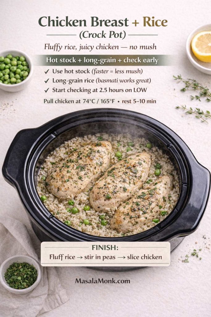 Vertical infographic titled “Chicken Breast + Rice (Crock Pot)” showing chicken breasts cooking on long-grain rice with peas in a slow cooker. Text overlay highlights “Hot stock + long-grain + check early” with tips: use hot stock, use long-grain/basmati, start checking around 2.5 hours on LOW, pull chicken at 74°C/165°F and rest 5–10 minutes, then fluff rice and stir in peas before slicing chicken. Footer branding from MasalaMonk.com.