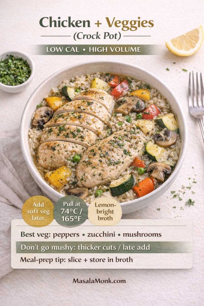 Vertical recipe card titled “Chicken + Veggies (Crock Pot)” showing sliced chicken breast in a bowl with bell peppers, zucchini, mushrooms, peas, and broth. Text overlay highlights “Low Cal • High Volume,” “Pull at 74°C / 165°F,” “Add soft veg later,” and “Lemon-bright broth,” plus tips for best vegetables, avoiding mushy texture, and meal-prep storage in broth.