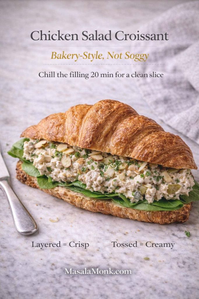 Chicken salad croissant sandwich with leafy greens and creamy chicken salad filling, shown as a bakery-style guide with the tip to chill the filling for a clean slice and MasalaMonk.com footer.