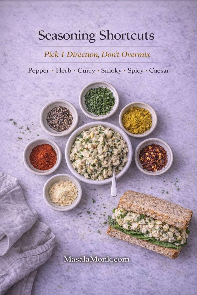 Chicken salad sandwich seasoning shortcuts chart showing a bowl of chicken salad surrounded by pepper, herbs, curry powder, paprika, Parmesan and chili flakes, with text overlay and MasalaMonk.com footer.