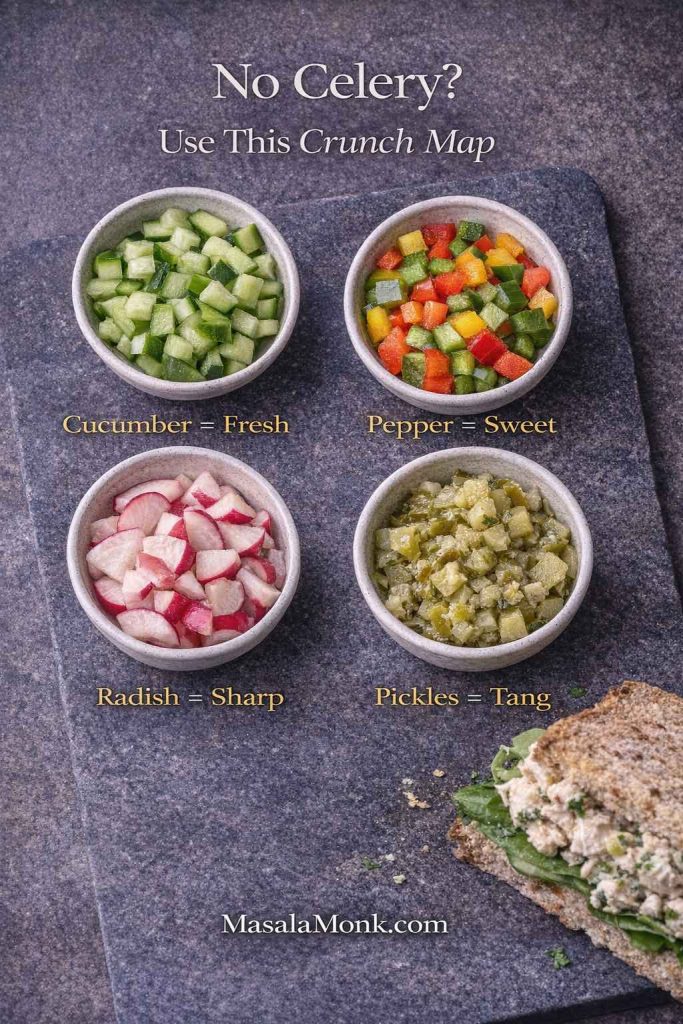Crunch map for chicken salad sandwich without celery showing bowls of diced cucumber, bell pepper, radish and pickles with a chicken salad sandwich corner and MasalaMonk.com footer.