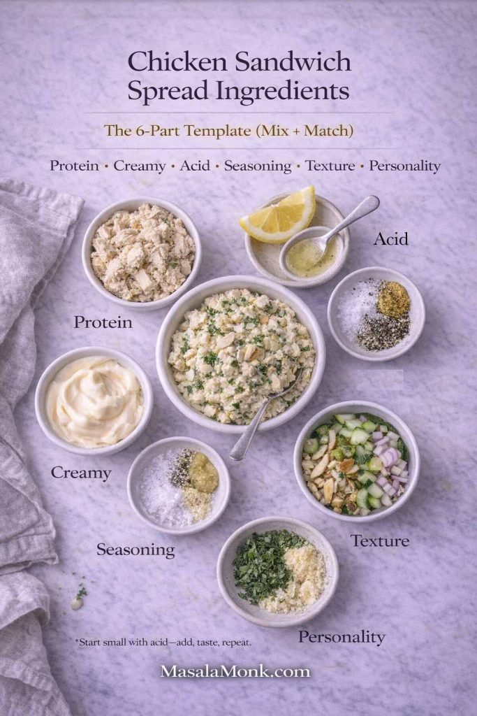 Chicken sandwich spread ingredients guide showing a 6-part template—protein, creamy binder, acid, seasoning, texture, and personality—arranged in bowls around a master chicken salad spread, with MasalaMonk.com footer.