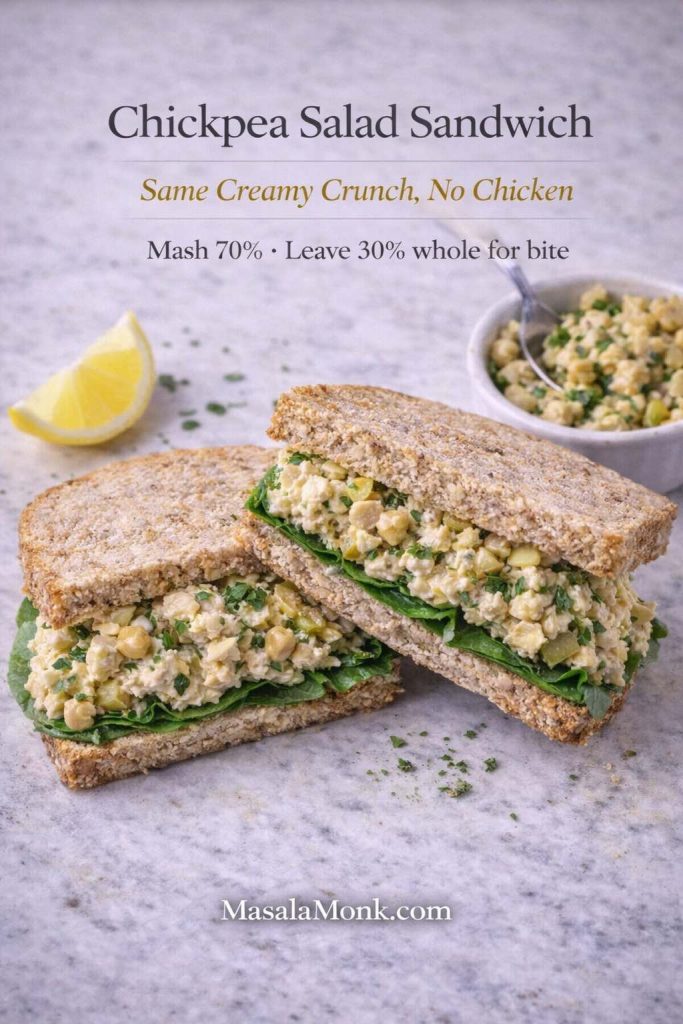 Chickpea salad sandwich on whole grain bread with leafy greens, shown with a texture tip overlay: mash 70% and leave 30% whole for bite, plus MasalaMonk.com footer.