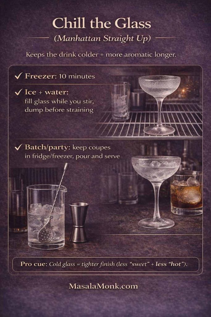 Chill the glass guide for a Manhattan cocktail (straight up): freezer method, ice-and-water quick chill, and batch/party prep to keep the drink colder and more aromatic.