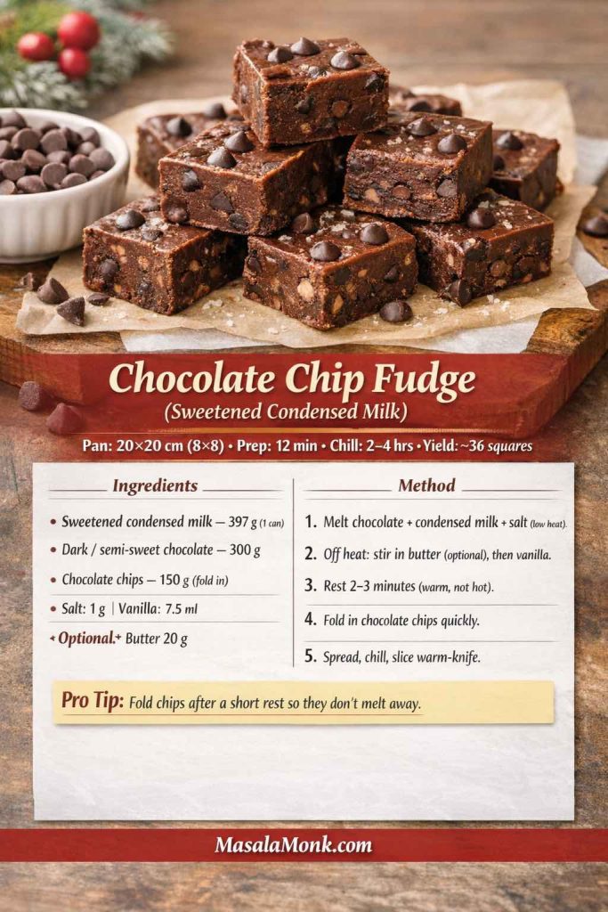 Recipe card showing chocolate chip fudge made with sweetened condensed milk. The image includes a photo of fudge squares with visible chocolate chips, pan size (20×20 cm), prep time (12 min), chill time (2–4 hrs), yield (~36 squares), ingredient amounts in grams, a 5-step method, a pro tip to rest before folding in chips so they don’t melt, and MasalaMonk.com branding in the footer.