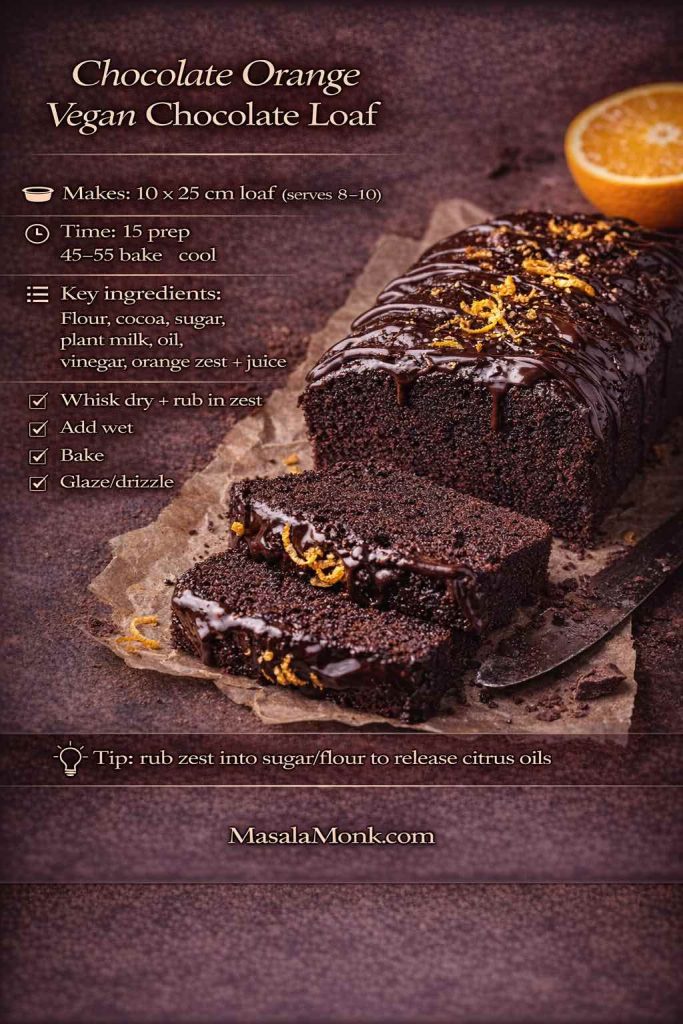 Chocolate orange vegan chocolate loaf recipe card showing a sliced chocolate loaf with glossy drizzle and orange zest, plus loaf tin size, timing, key ingredients, quick steps, and a tip to rub zest into sugar or flour.