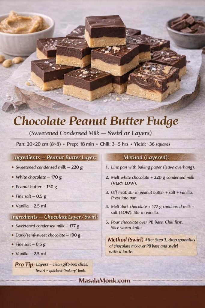 Recipe card image for chocolate peanut butter fudge made with sweetened condensed milk, showing both swirl and layered versions. The image includes stacked two-layer fudge squares and one marbled swirl piece, pan size (20×20 cm), prep time (18 min), chill time (3–5 hrs), yield (~36 squares), separate ingredient lists with grams for the peanut butter layer and chocolate layer, a 5-step layered method, a short swirl option note, and MasalaMonk.com branding in the footer.