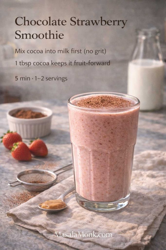 Chocolate strawberry smoothie recipe card showing a creamy strawberry smoothie topped with cocoa powder, with tip to mix cocoa into milk first for a smooth, grit-free texture.