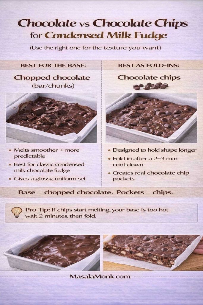 Split infographic titled “Chocolate vs Chocolate Chips for Condensed Milk Fudge (Use the right one for the texture you want)”. Left side says “Best for the base: Chopped chocolate (bar/chunks)” with notes that it melts smoother, is best for classic condensed milk chocolate fudge, and gives a glossy uniform set, shown with a photo of melted fudge base with chopped chocolate. Right side says “Best as fold-ins: Chocolate chips” with notes that chips hold shape longer, should be folded in after a 2–3 minute cool-down, and create real chocolate chip pockets, shown with a photo of fudge topped with chips. A rule line reads “Base = chopped chocolate. Pockets = chips.” Pro tip box: “If chips start melting, your base is too hot—wait 2 minutes, then fold.” MasalaMonk.com branding is in the footer.
