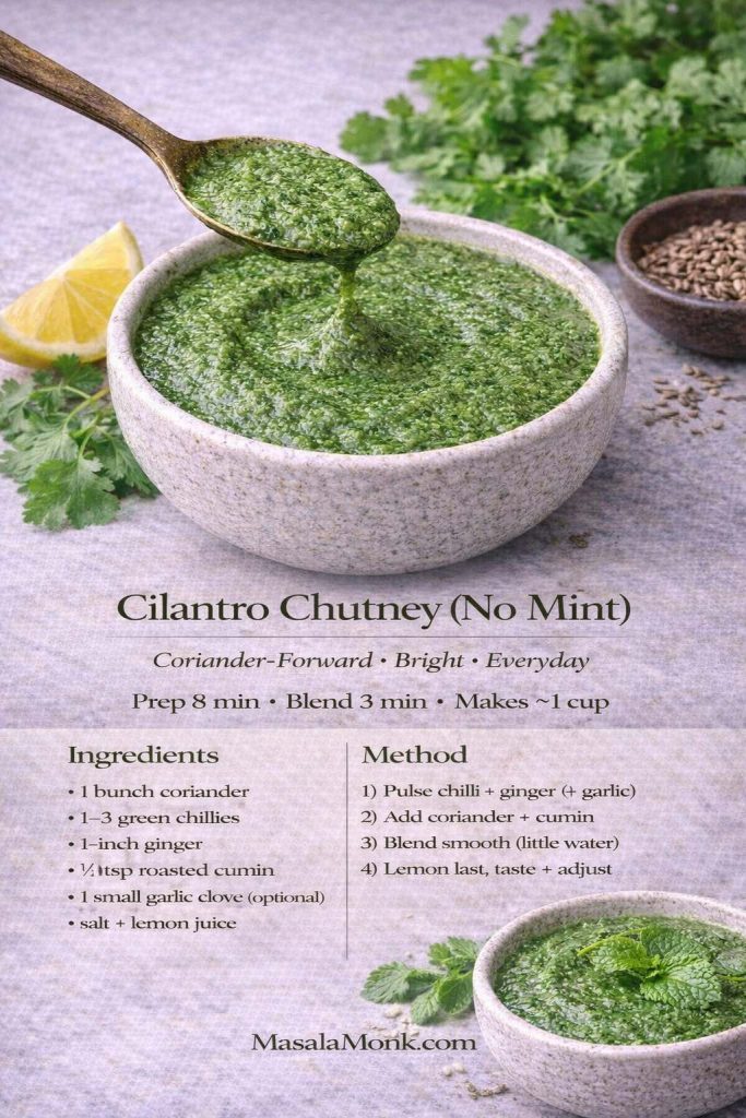 Cilantro chutney (no mint) recipe card showing coriander-forward green chutney with ingredients list, quick method, prep time, and yield.