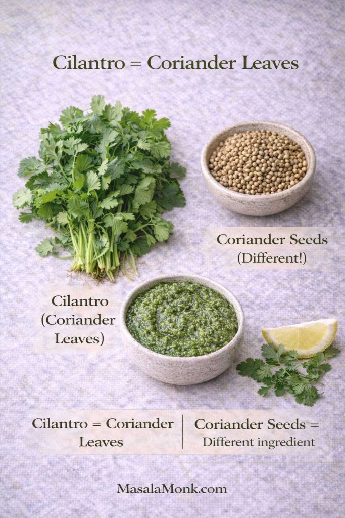Cilantro vs coriander guide showing cilantro (coriander leaves), coriander seeds, and a bowl of green chutney to explain the difference.