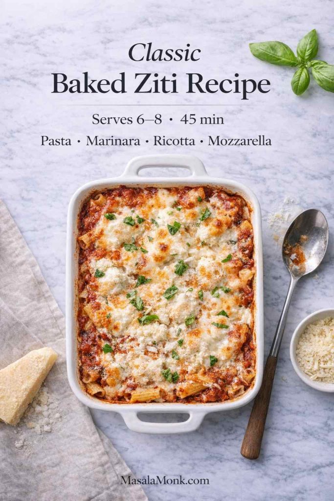 Classic baked ziti recipe in a casserole dish with marinara, ricotta, and melted mozzarella, labeled serves 6–8 and 45 minutes.