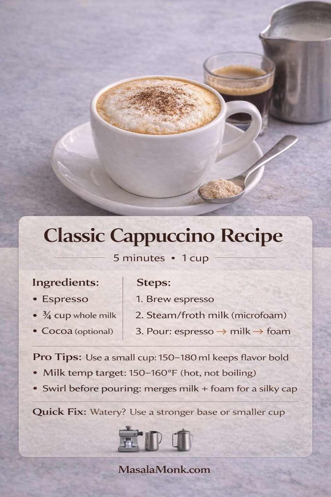 Classic cappuccino recipe card showing a cappuccino in a white cup with cocoa-dusted foam, plus ingredients, 3-step method (espresso, steam/froth milk, pour), cup size guidance, and a quick fix tip.
