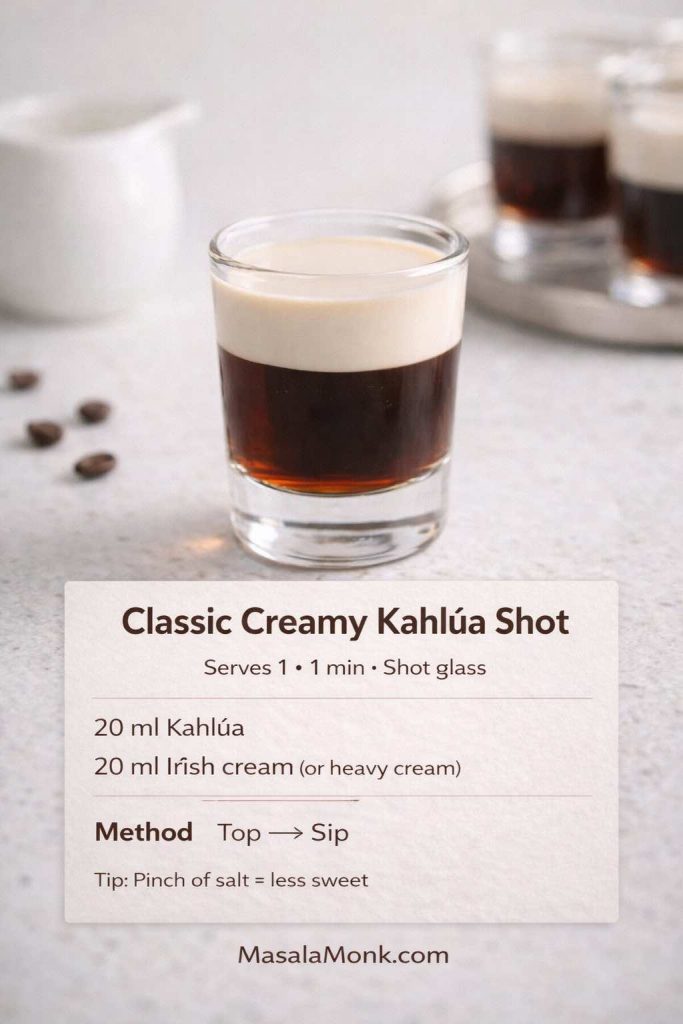 Classic creamy Kahlúa shot recipe card showing a layered shot with Kahlúa and Irish cream, plus 20 ml + 20 ml ingredients and quick pour-and-top method.