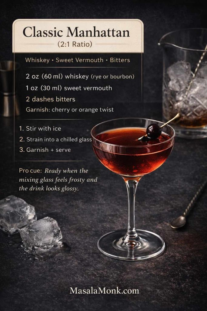 Save this Classic Manhattan recipe card for the go-to 2:1 build: 2 oz (60 ml) whiskey, 1 oz (30 ml) sweet vermouth, 2 dashes bitters—stir with ice, strain into a chilled glass, and garnish with a cherry or orange twist.