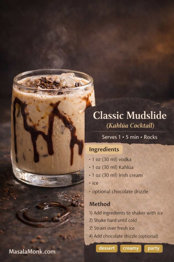 Classic Mudslide recipe card showing a creamy Kahlúa cocktail with vodka and Irish cream, chocolate drizzle, and step-by-step instructions.